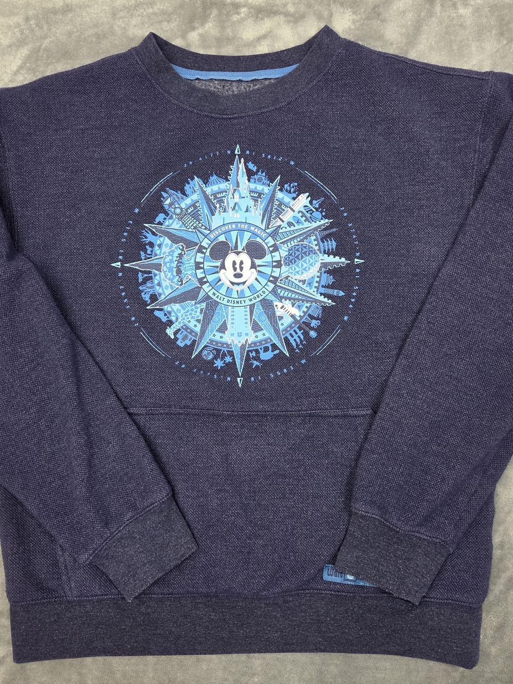 Disney Navy Crewneck with Light Blue Mickey Compass Graphic
